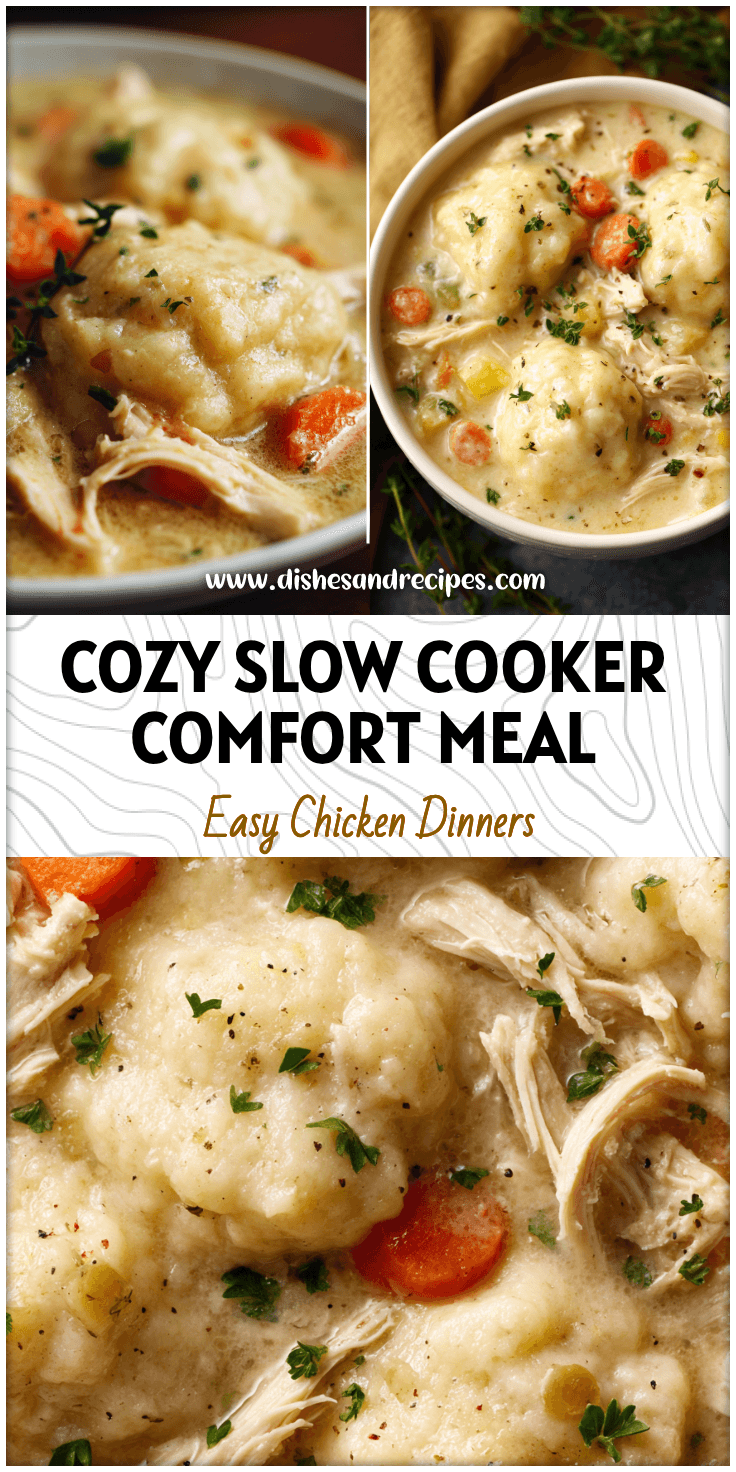 Bowl of slow cooker chicken and dumplings with tender chicken and fluffy biscuits in creamy broth.